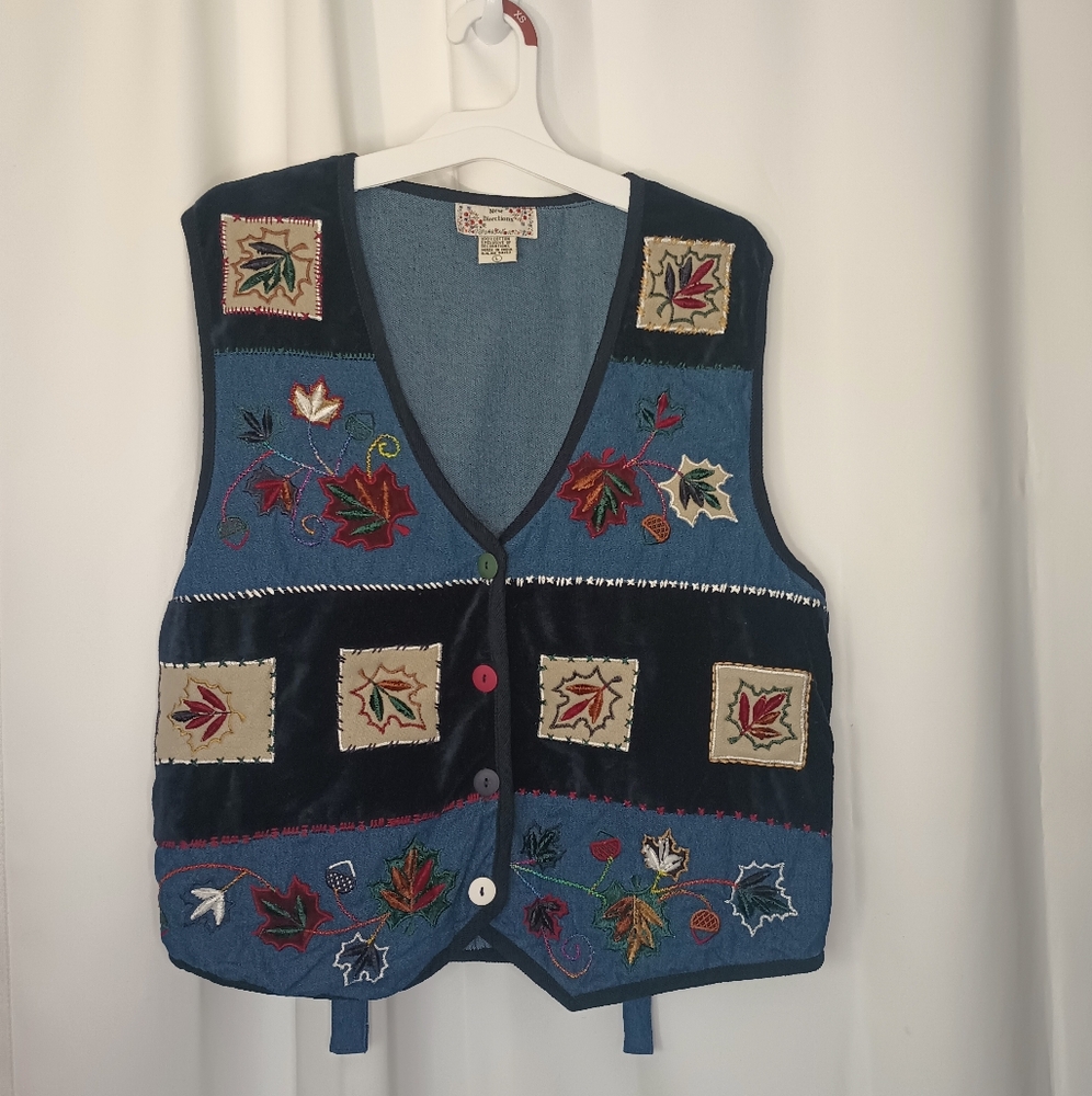 New Directions Womens Cottagecore Fall Vest Large Embroidered Patchwork Autumn